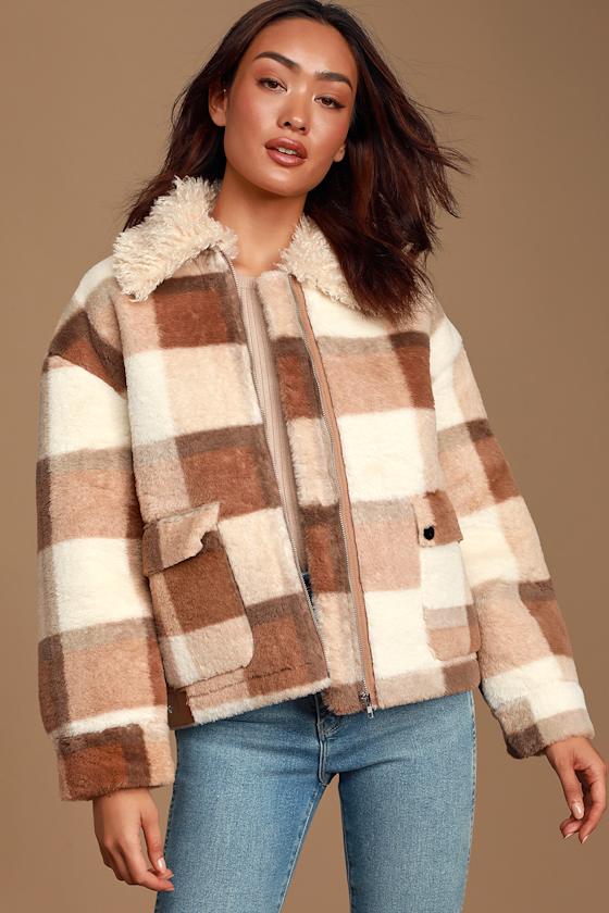 Fur-ever Friend Cream and Brown Plaid Faux-Fur Jacket 1