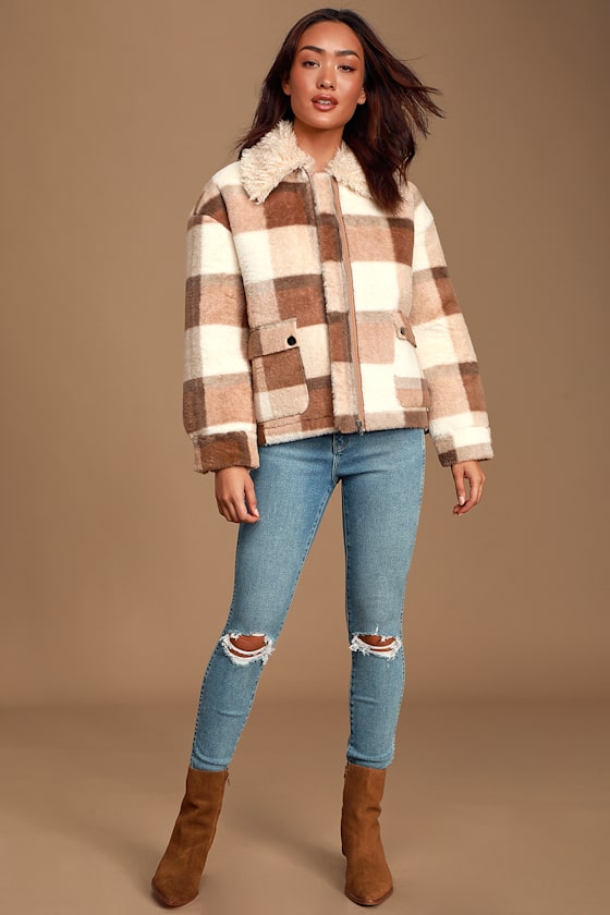 Fur-ever Friend Cream and Brown Plaid Faux-Fur Jacket 3