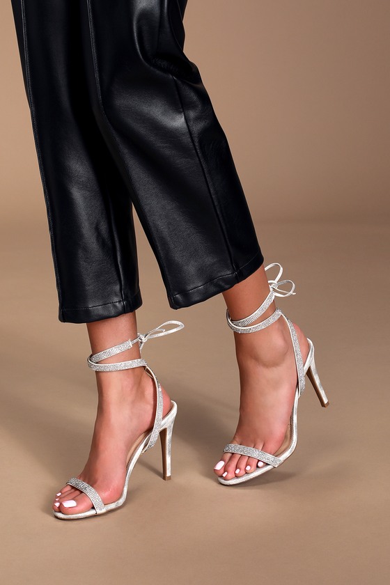 Freezia Silver Diamante Tassel Lace Up Stiletto Heels | SIMMI London