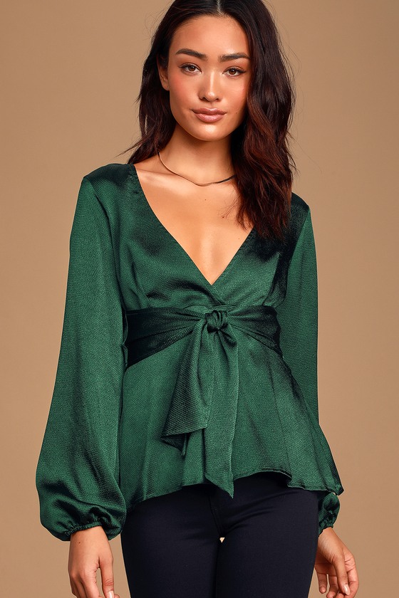 Cute Green Satin Top - Long Sleeve Top - Tie-Front Blouse Top - Lulus