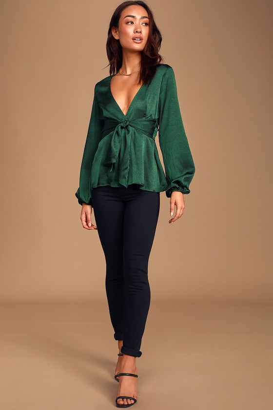 Cute Green Satin Top - Long Sleeve Top - Tie-Front Blouse Top - Lulus