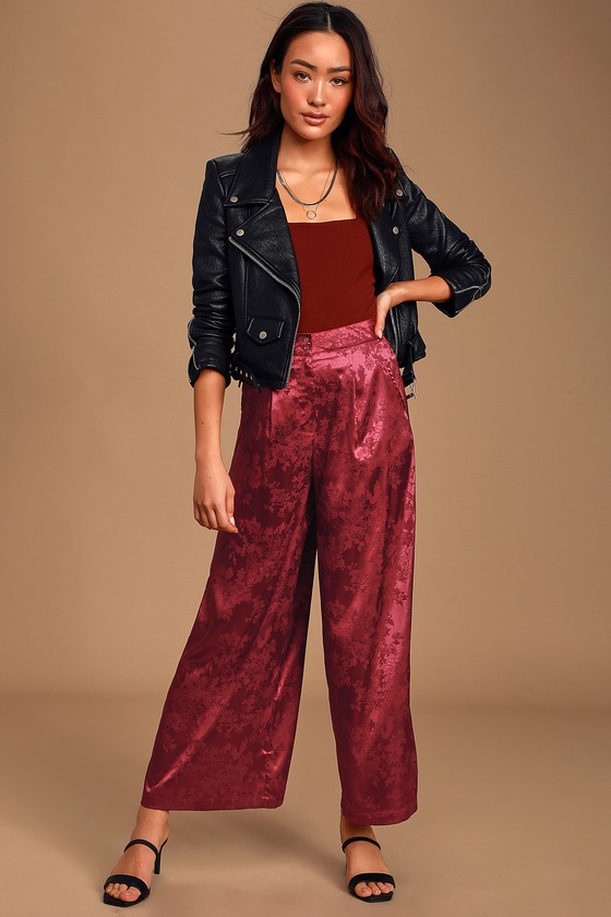 Chic Red Pants - Floral Jacquard - Satin Jacquard Pant -