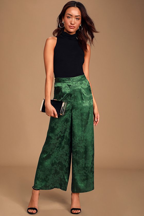 Florally Adorable Forest Green Jacquard Satin Wide-Leg Pants 1