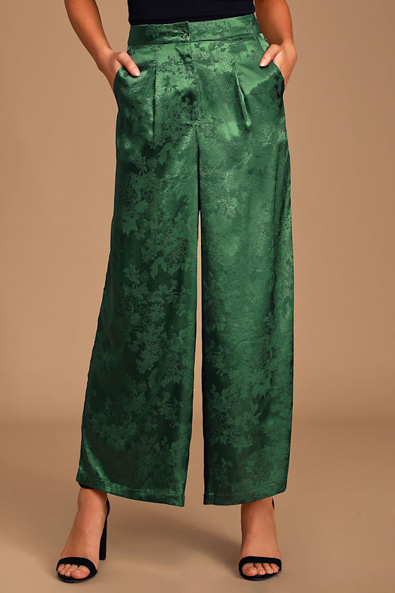 Florally Adorable Forest Green Jacquard Satin Wide-Leg Pants 3