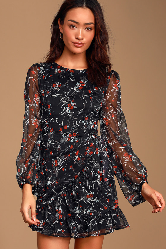 Cute Black Floral Print Dress - Long Sleeve Chiffon Dress - Dress - Lulus