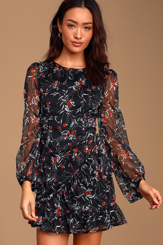 Petal to The Metal Black Floral Print Chiffon Mini Dress