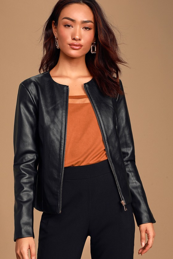 Black Vegan Leather Jacket - Zip Up Jacket - Chic Leather Jacket