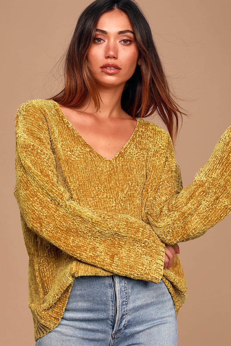 Mustard Yellow Sweater - Chenille Sweater - Bell Sleeve Sweater