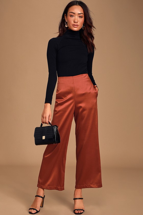 Brown Satin Pants - Cropped Pants - Wide-Leg Pants - Office Pants - Lulus