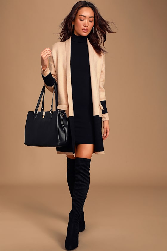 City Chic Tan and Black Color Block Cardigan Sweater 1