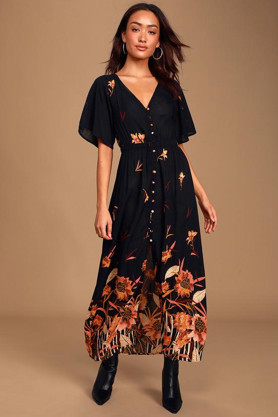 Autumn Breeze Black Floral Print Button-Up Maxi Dress - Lulus Autumn Breeze Black Floral Print Button-Up Maxi Dress - Lulus
