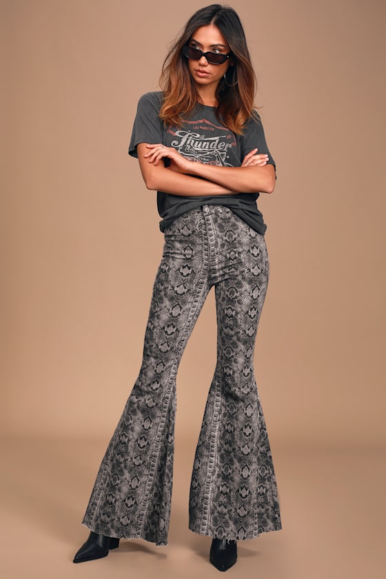 Just Float On Taupe Snake Print High Rise Flare Jeans 2