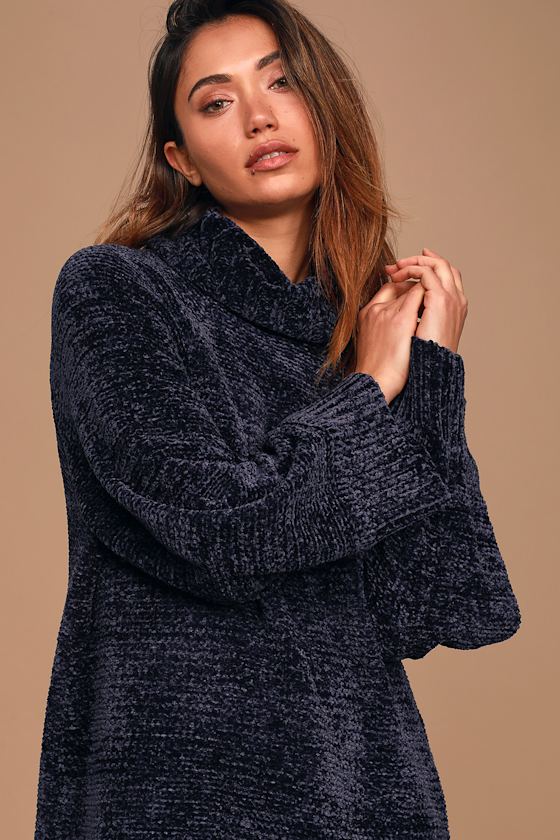 Chenille Feels Navy Blue Chenille Knit Turtleneck Sweater Dress 4