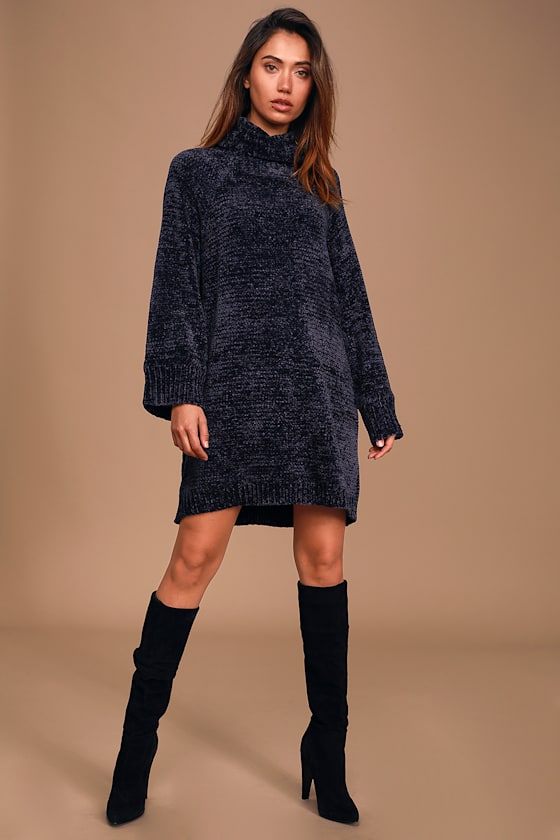 Chenille Feels Navy Blue Chenille Knit Turtleneck Sweater Dress 2