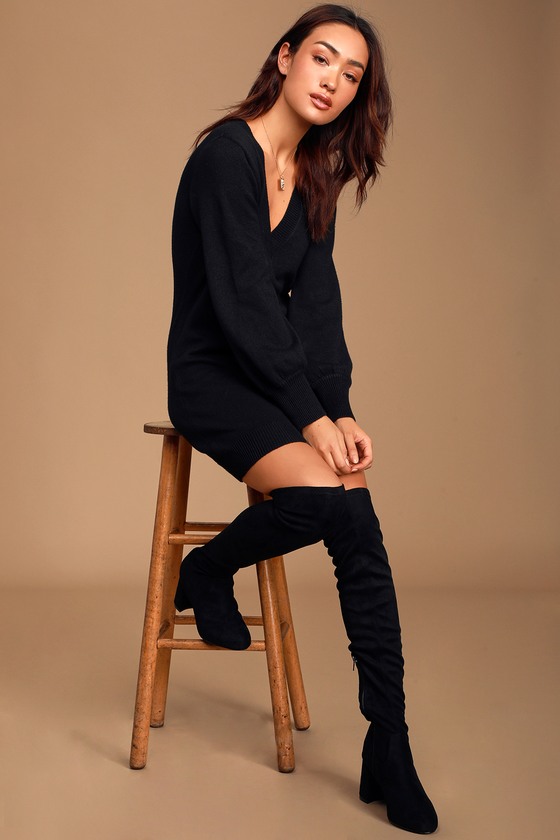 Cozy On Up Black V Neck Long Sleeve Sweater Dress