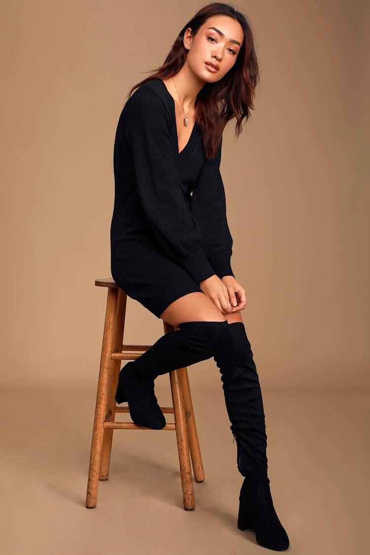 Pretty Black V Neck Sweater Dresses Cozy On Up Black V-Neck Long