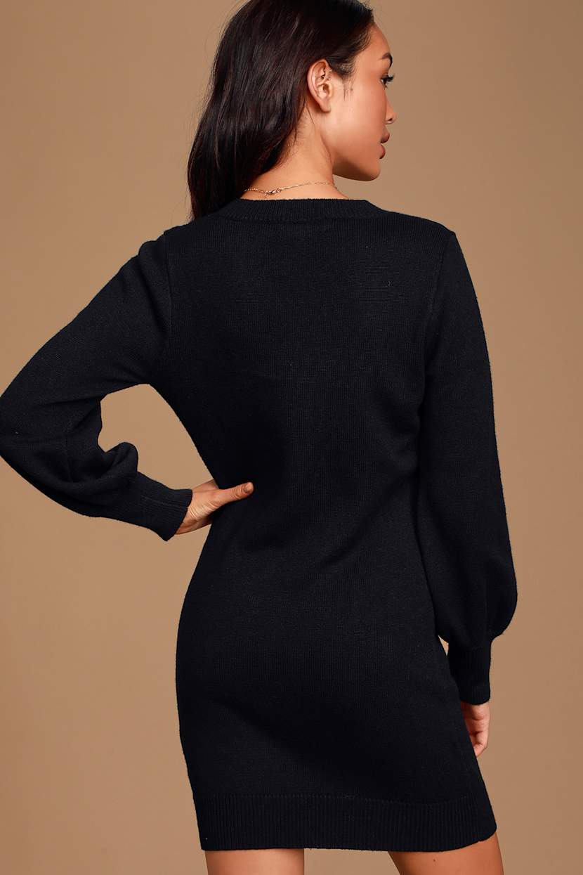 Black Sweater Dress - V-Neck Sweater Dress - Long Sleeve Dress - Lulus