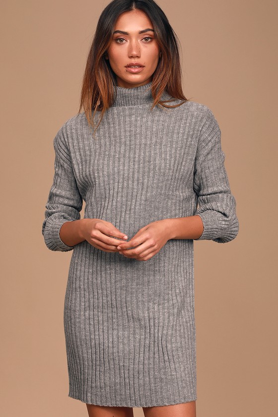 Bundled Up Babe Heather Grey Ribbed Turtleneck Sweater Dress