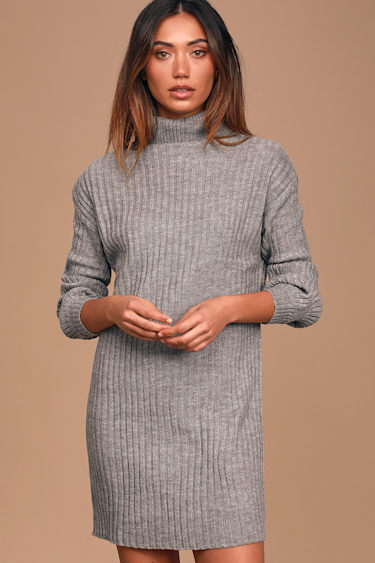 Bundled Up Babe Heather Grey Ribbed Turtleneck Sweater Dress