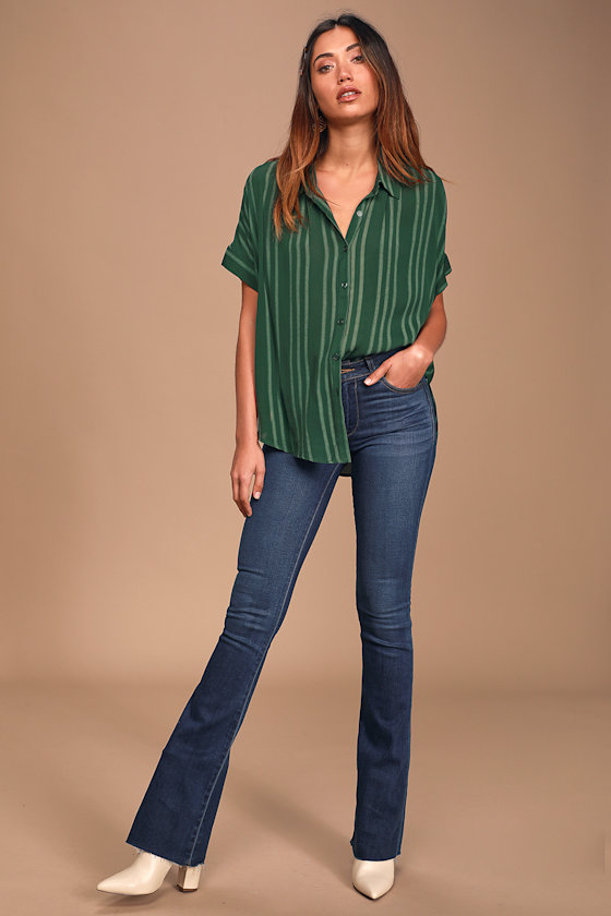 Everlee Emerald Green Striped Button-Up Top 2