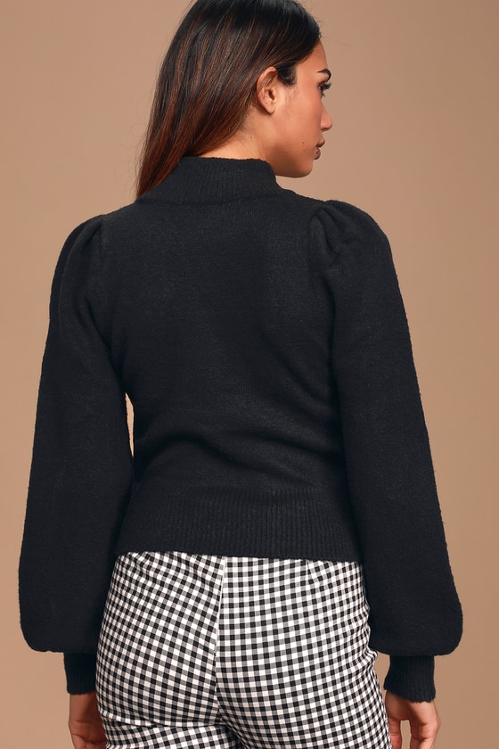 Trendy Black Sweater - Puff Shoulder Sweater - Mock Neck Sweater - Lulus