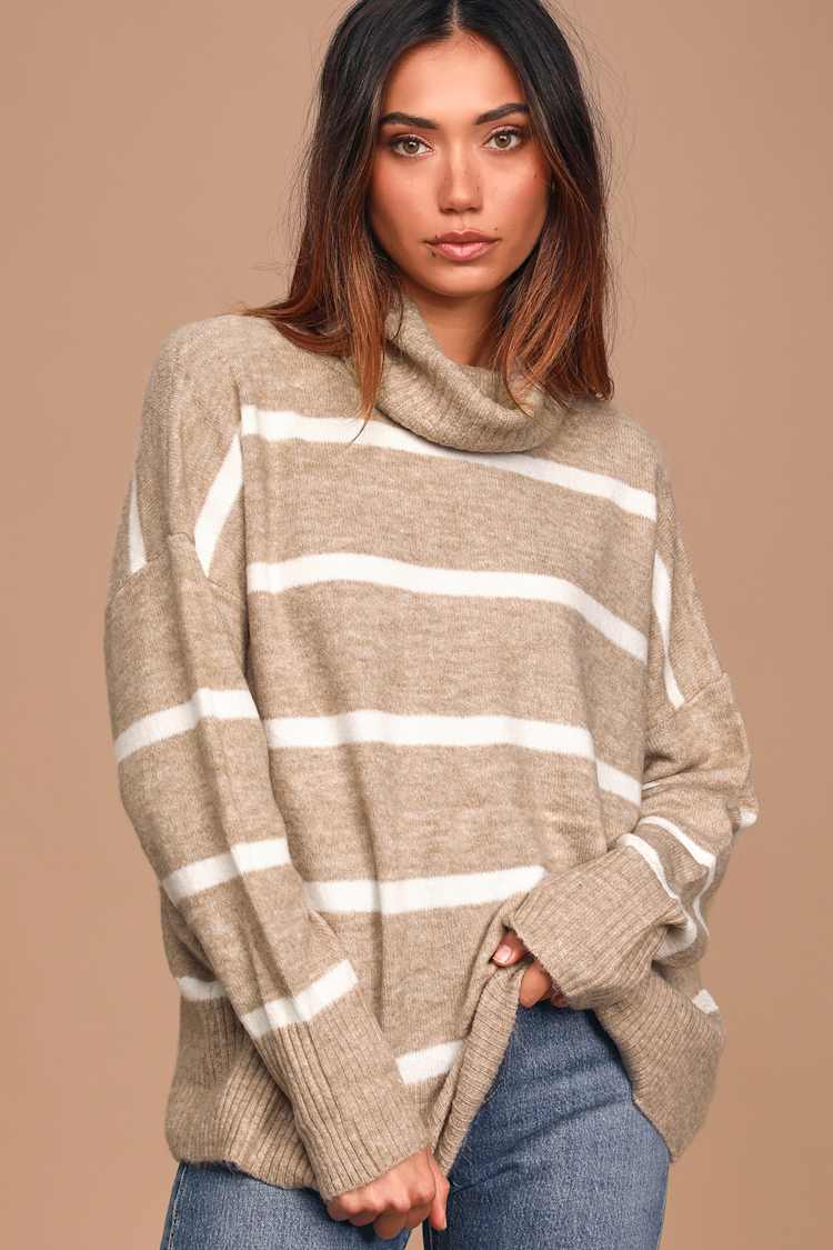Beige and White Striped Sweater - Oversized Turtleneck Sweater - Lulus
