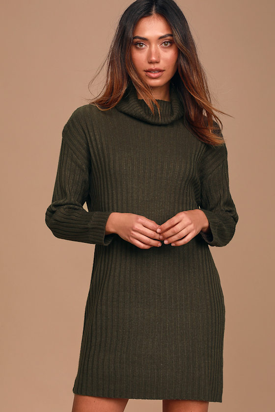 Bundled Babe Olive Green Ribbed Turtleneck Sweater Dress 2