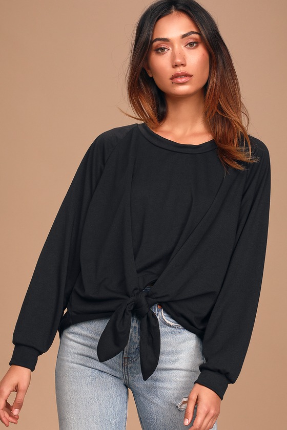 Cozy Black Sweatshirt - Tie-Front Sweatshirt - High-Low Pullover - Lulus