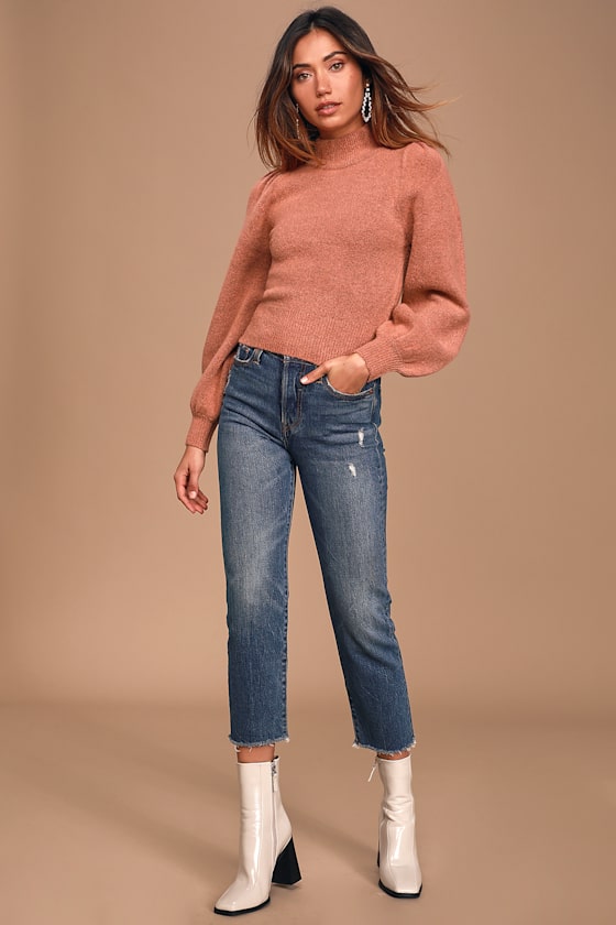 Piece of My Heart Rusty Rose Mock Neck Puff Shoulder Sweater 2