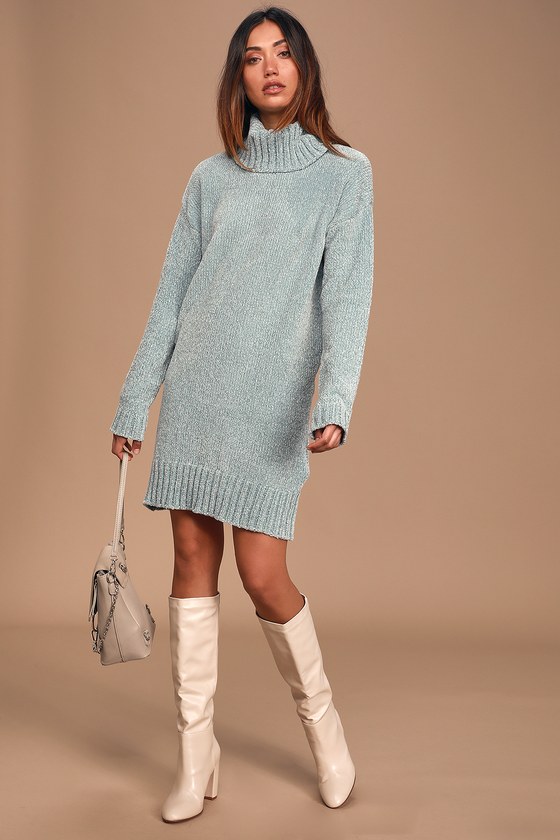 Café Queen Mint Blue Chenille Knit Sweater Dress