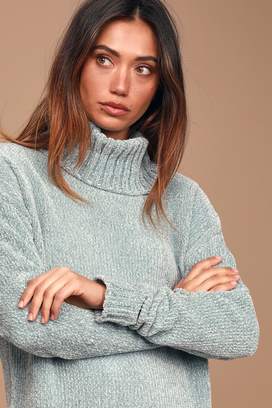 WAYF Mint Blue Chenille Sweater Dress - Turtleneck Sweater