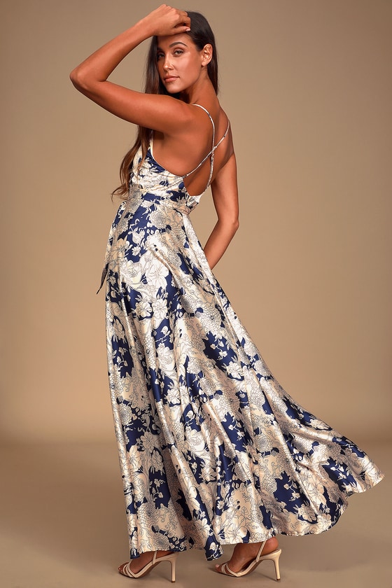 Tea Gardens Navy Blue Floral Print Satin Maxi Dress