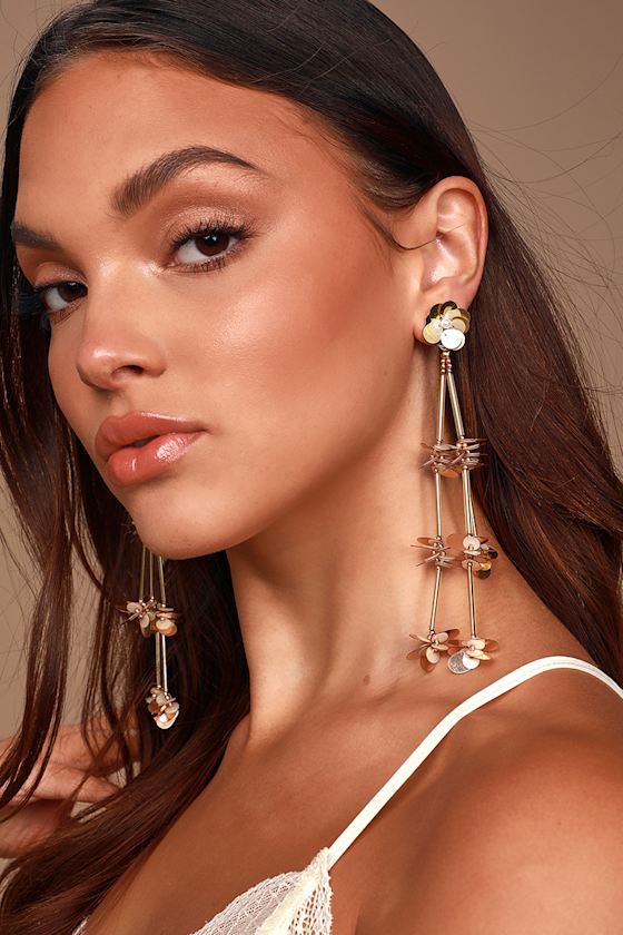 Gold Sequin Earrings Beaded Statement Earrings Drop Earrings Lulus