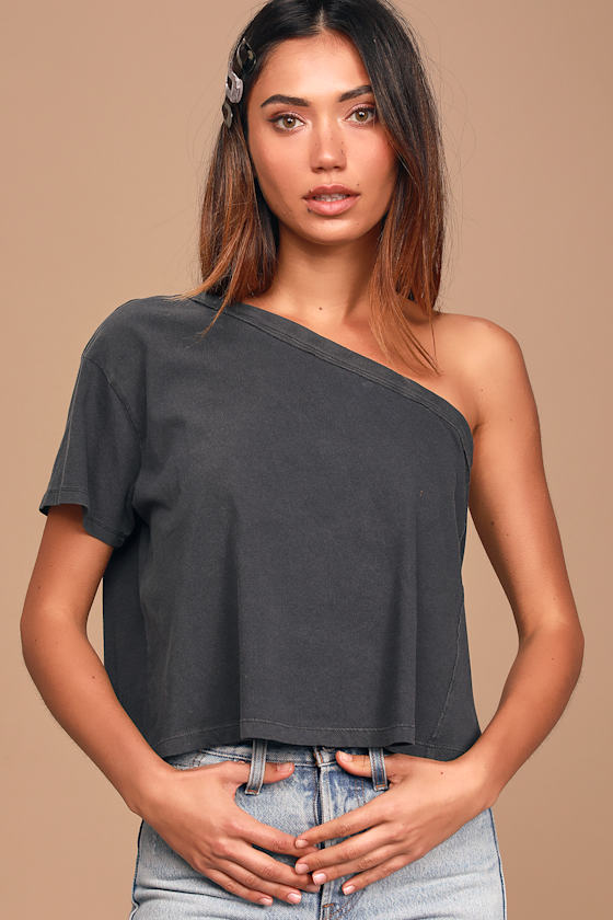 Aubrey Washed Black One-Shoulder Tee 2