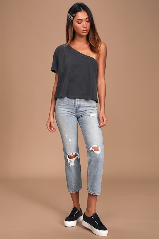 Aubrey Washed Black One-Shoulder Tee 1