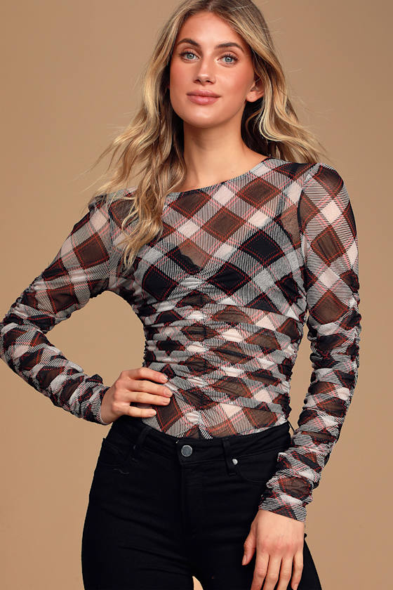 Run With It Black Plaid Sheer Mesh Ruched Bodysuit 2