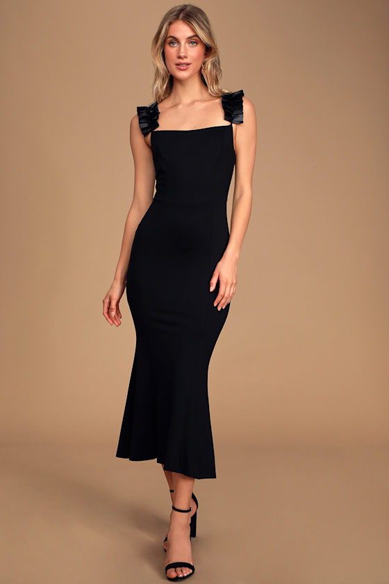 Timeless Wonder Black Pleated Satin Mermaid Midi Dress 1