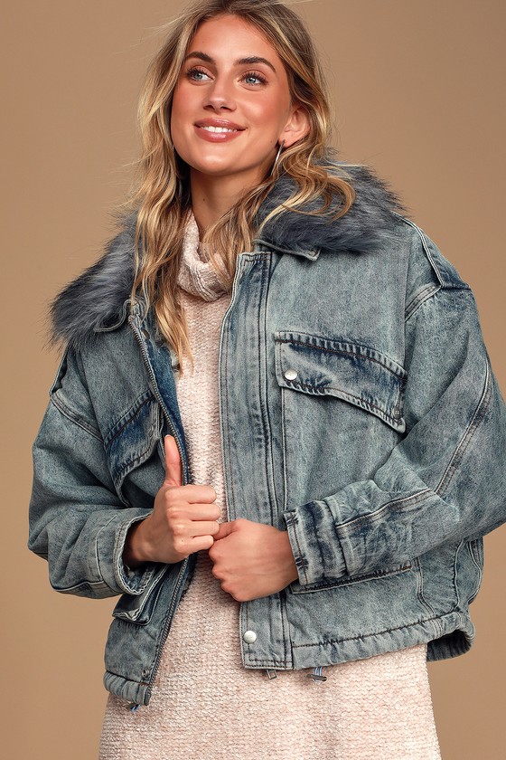 blue faux fur denim jacket