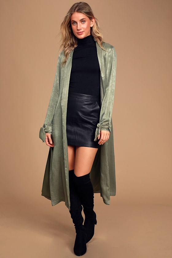 Chic Olive Green Duster Satin Duster Tying Sleeve Duster Lulus