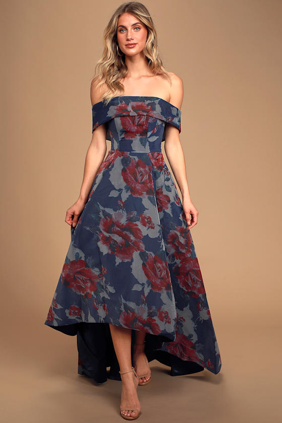 Ava Seraphina Navy Blue Floral Print Off-the-Shoulder Maxi Dress 3