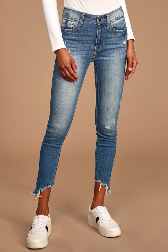 Clara Medium Wash High-Rise Raw Hem Skinny Jeans 2