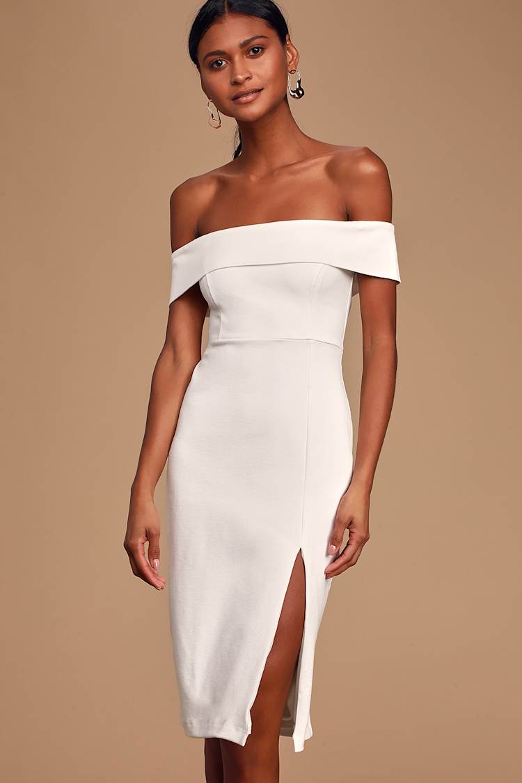 white off the shoulder midi bodycon dress White Off Shoulder Short Sleeve V Neck bodycon midi dress with belt womens M