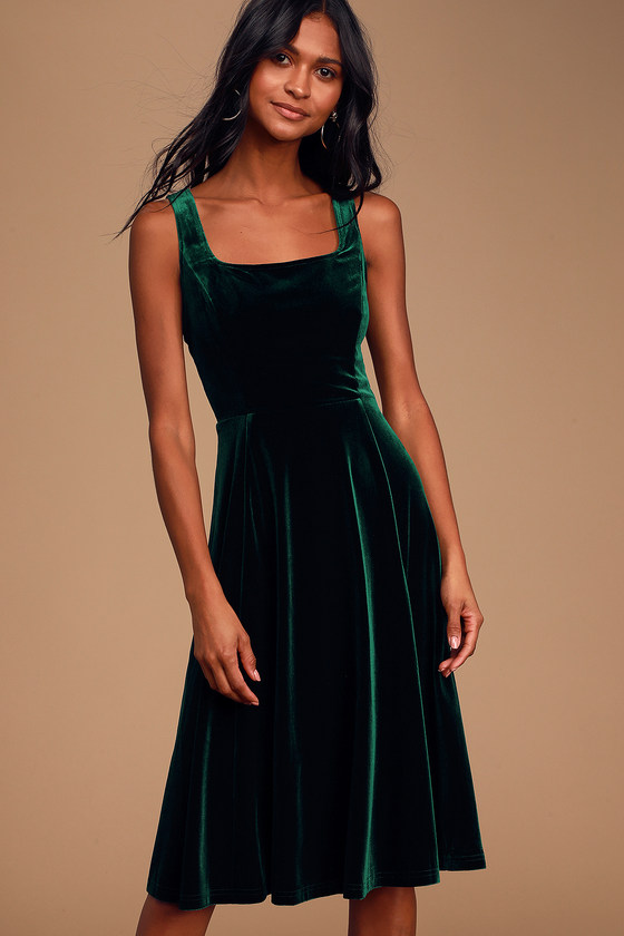 dark green velvet midi dress