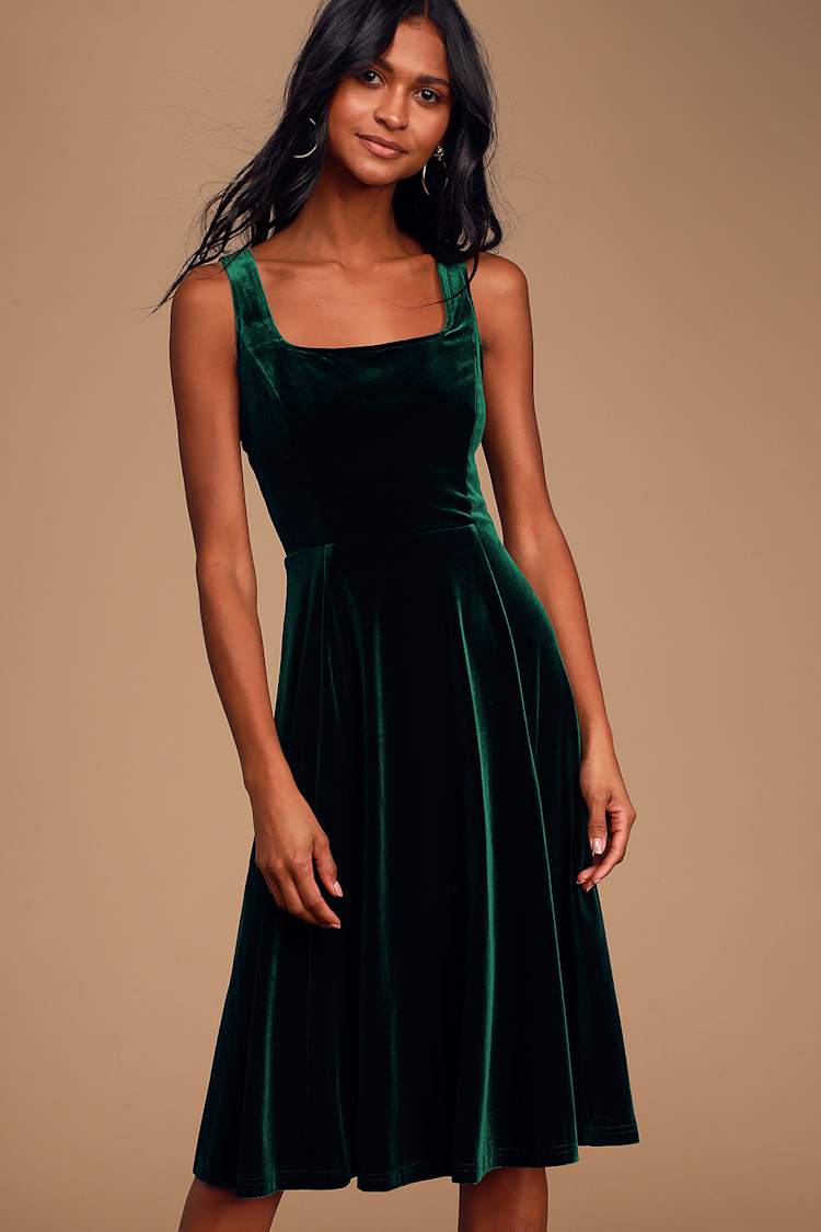 slim fit dress slacks Zone Planet | Green Tie Back Square Neck Velvet Babydoll Dress main image 1
