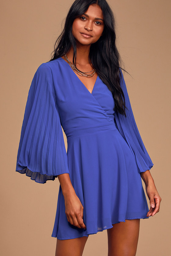 Chic Love Royal Blue Pleated Three-Quarter Sleeve Skater Dress - Lulus Exclusive! You'll look like a gorgeous goddess in the Lulus Chic Love Royal Blue Pleated Three-Quarter Sleeve Skater Dress! Lightweight woven chiffon shapes this stunning dress with a sultry surplice neckline, dramatic, wide-cut three-quarter pleated bell sleeves, and a fitted, darted bodice. A high banded waist sits atop a flowy skater skirt that ends with a mini hem. Hidden back zipper/clasp.