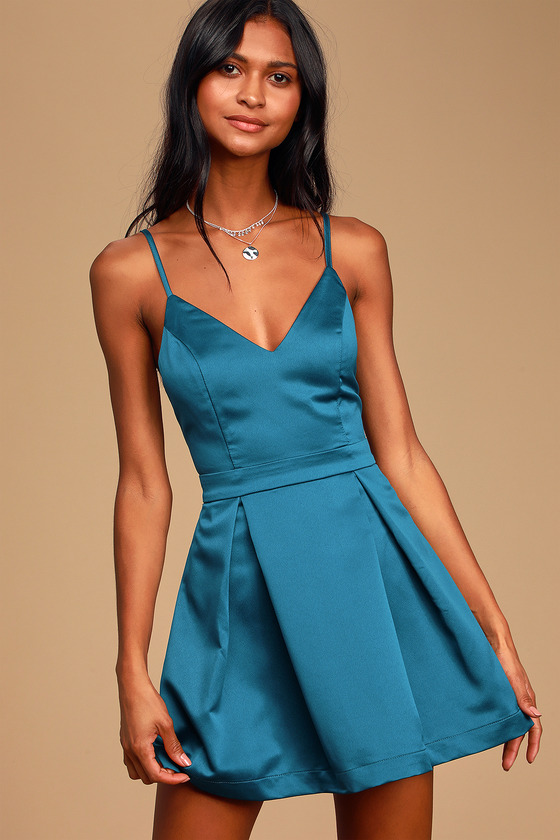 Teal Blue Dress - Skater Dress - Sleeveless Dress - Satin Dress - Lulus