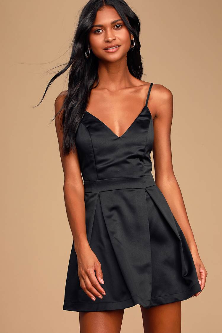 black spaghetti strap skater dress Black Dress - Skater Dress - Sleeveless Dress - Satin Dress