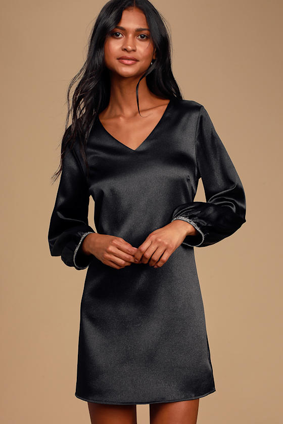 Take My Love Black Satin Rhinestone Long Sleeve Shift Dress 2
