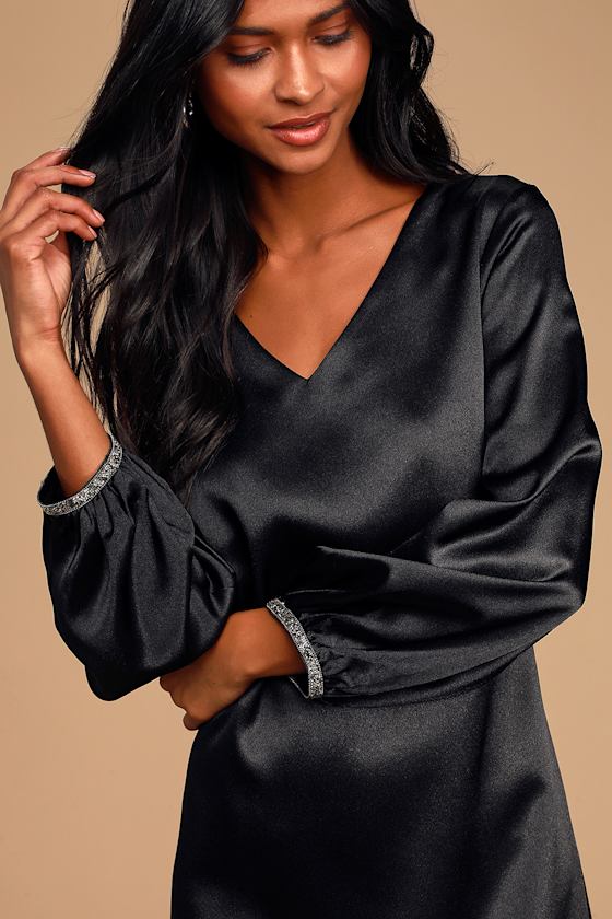 Take My Love Black Satin Rhinestone Long Sleeve Shift Dress 3