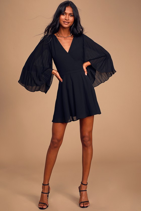 Black Skater Dress - Pleated Bell Sleeve Dress - Surplice Dress - Lulus